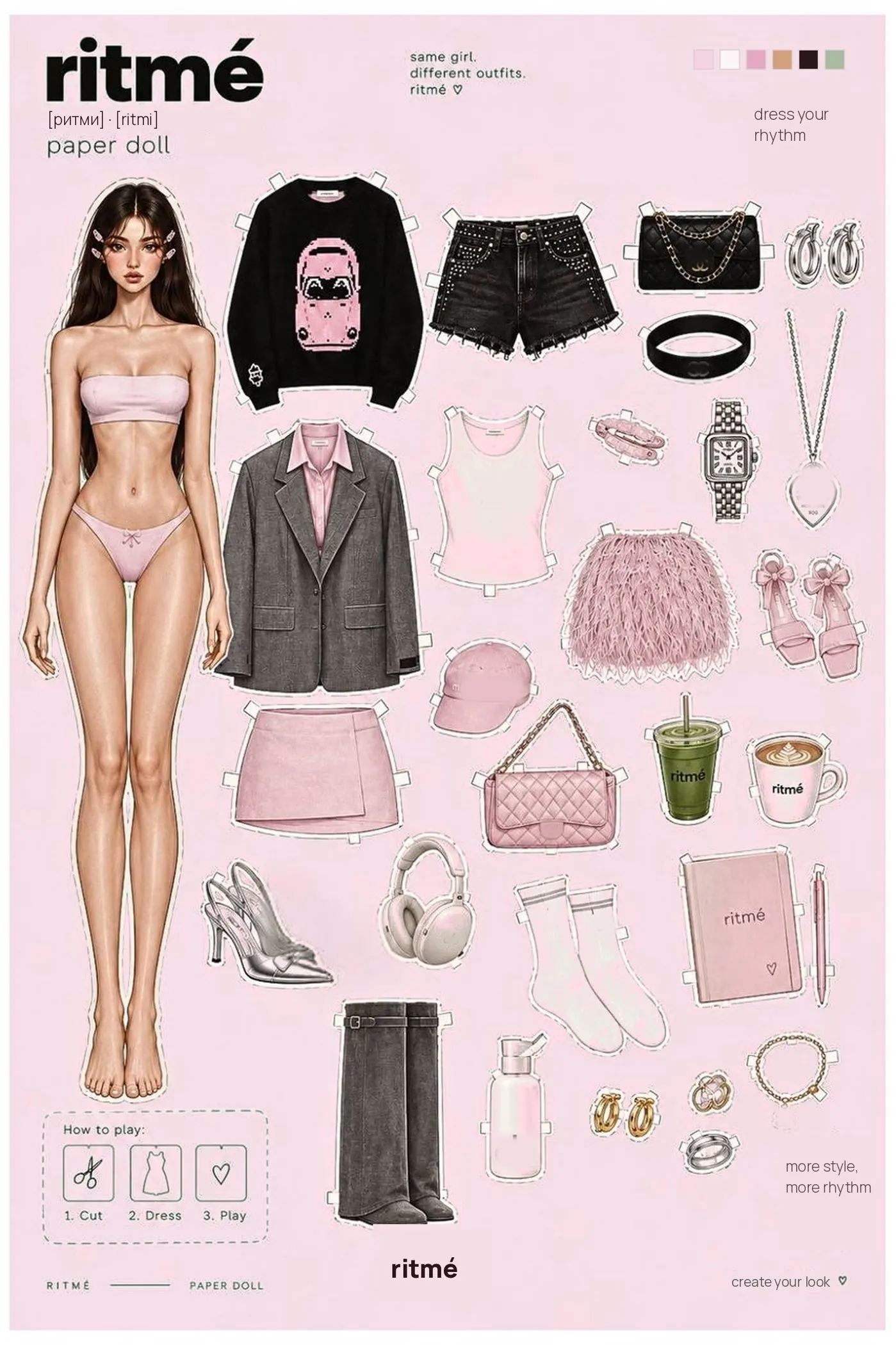 Аркуш ritmé paper doll: дівчинка та її гардероб